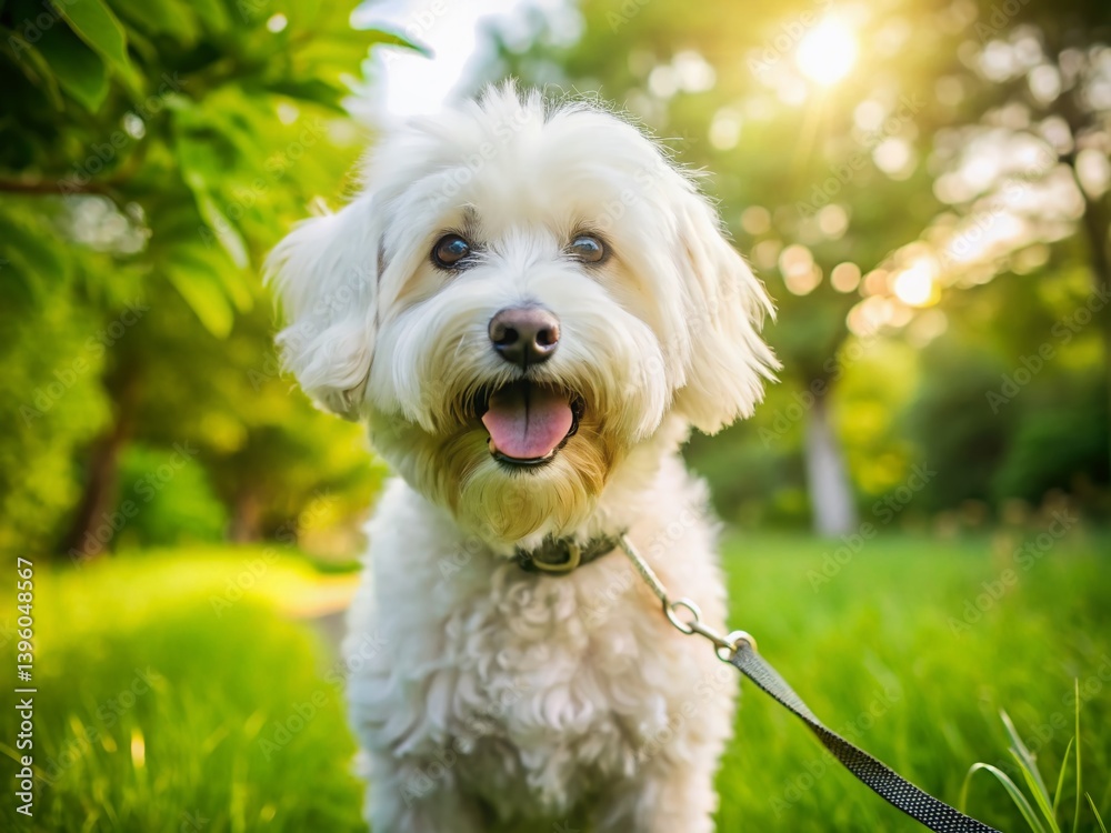 Macro Portrait of a White Dog on Leash, Open Mouth, Yard Macro Portrait of a White Dog on Leash, Open Mouth, Yard