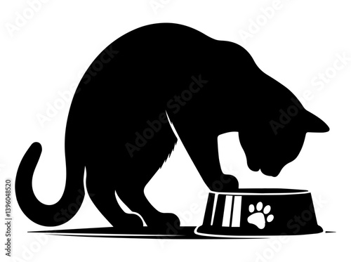 A black and white silhouette of a cat eating food from its bowl on a white isolated background. Vector graphics. EPS.