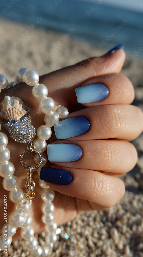 An elegant hand adorned with ombre nail art, pearls, and a seashell, evoking coastal serenity.