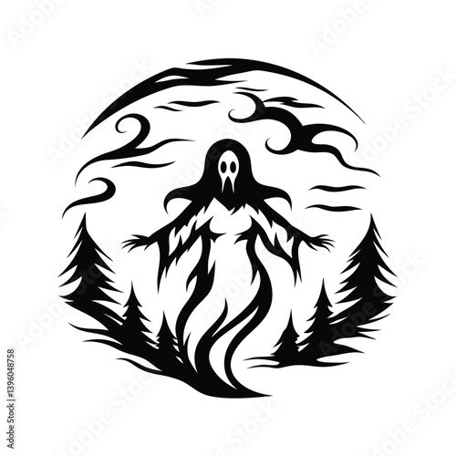 Silhouette Ghostly Figure with Arms Outstretched, Flowing Form, Black and White Art