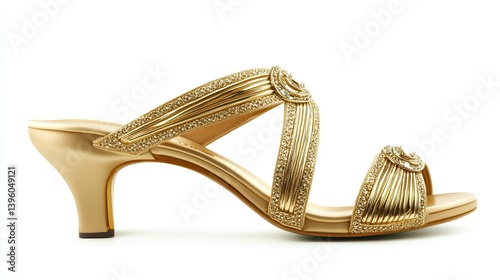 On a white background, gold sandals, luxurious and elegant, perfect for summer parties and evening events, ideal for glamorous fashion and designer footwear collections.