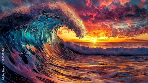 A large ocean wave curling towards the viewer at sunset with colorful clouds in the sky above the water