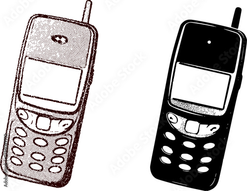 First mobile phone halftone bitmap collage element on transparent background, Early mobile phone punk y2k collage element, Brick phone grunge photocopy magazine clipping with isolated clipping path 