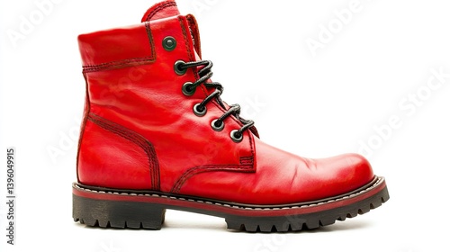 On a white background, red combat boots, bold and striking, perfect for punk or alternative fashion, ideal for street style and rugged footwear design.
