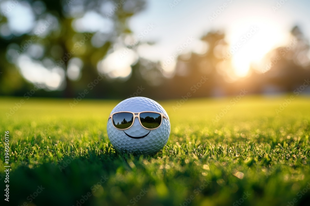 Playful golf ball with sunglasses and smiley face on lush green grass in golden hour glow