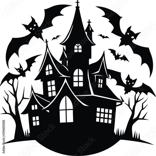 Monochrome Haunted House, Bare Trees, Bats Flying under Full Moon, Halloween Night Art