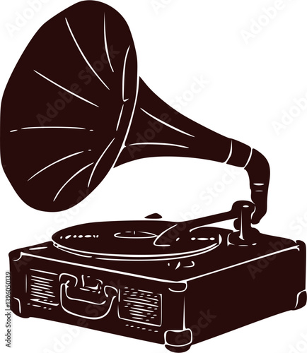 Retro gramophone grunge collage with a photocopy effect on transparent background, Gramophone brutal and grain texture, Vintage gramophone y2k collage element