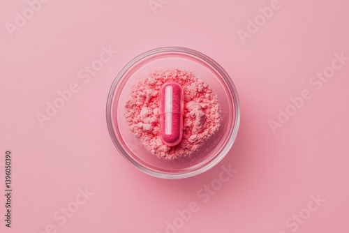 Bright pink capsule atop pink powder in a clear dish presents a striking visual in wellness and health context