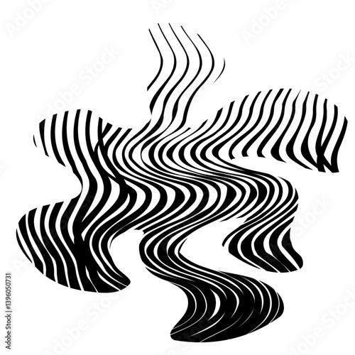 Abstract form with protruding curves in a zebra-stripe pattern of black and white textured lines.