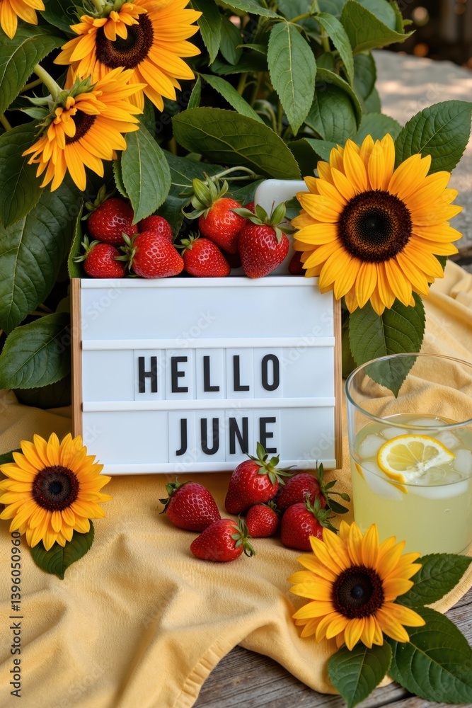 hello june - sunflowers, strawberries, and a sign