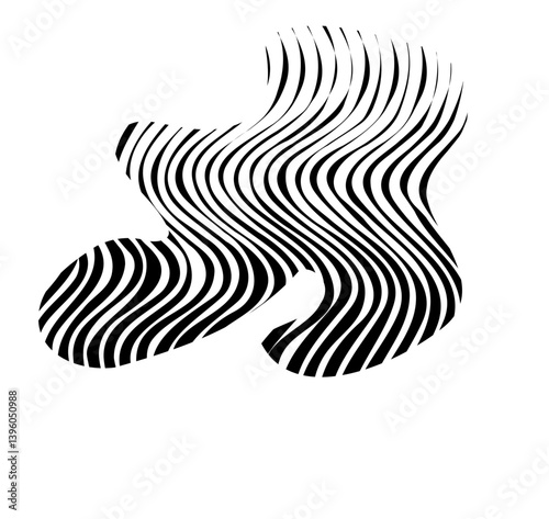 Abstract flow of a zebra-style striped blob shape composed of black and white lines in a curving form.