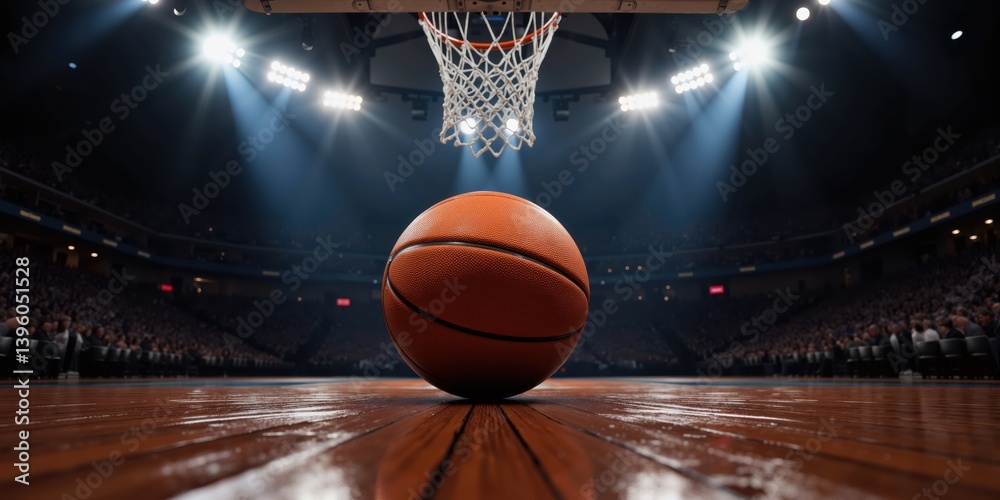 a basketball ball on the court in front of a spotlight