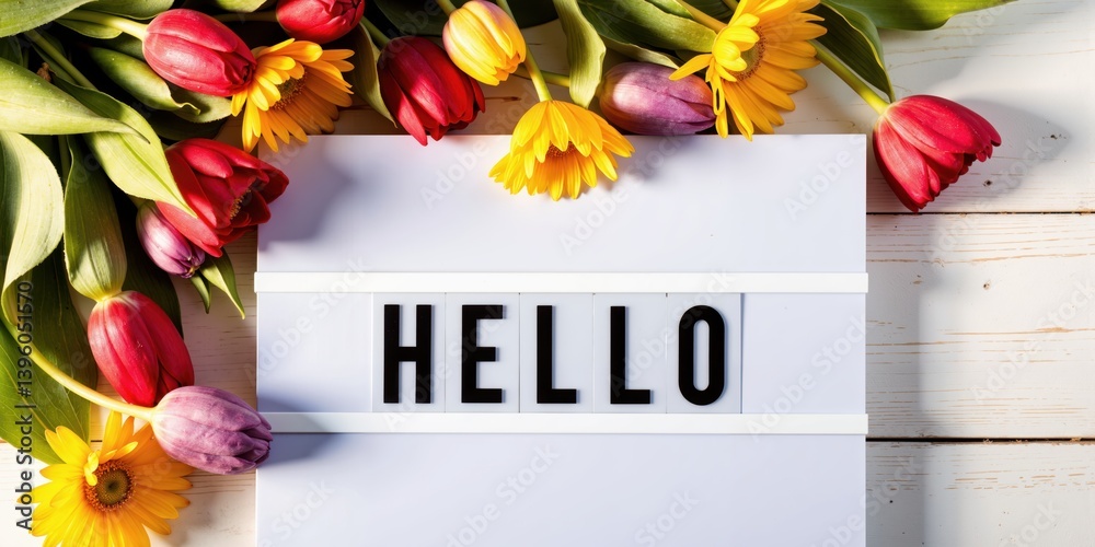 hello card with flowers on white wooden background