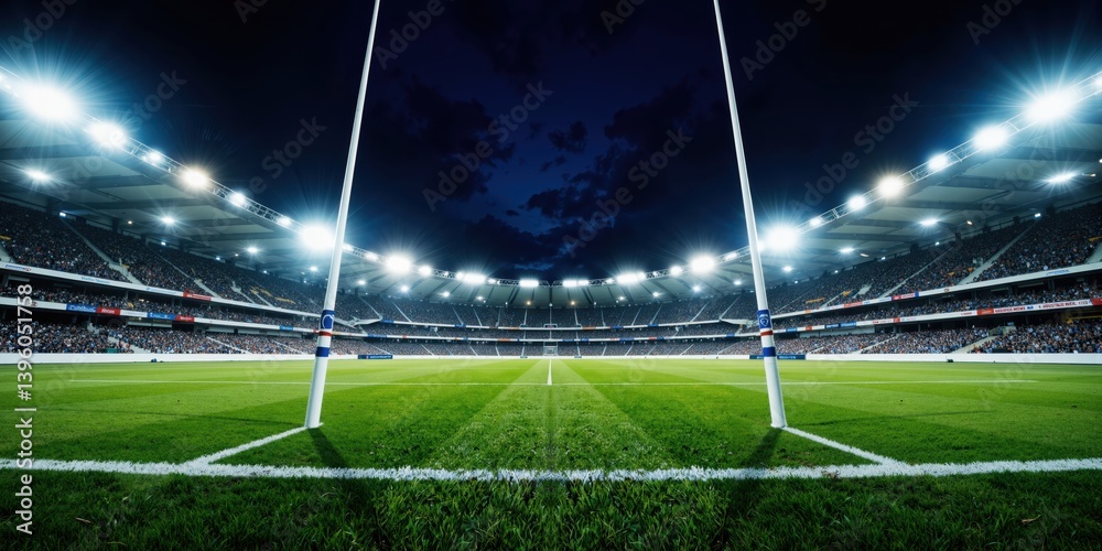 a rugby stadium at night with lights on