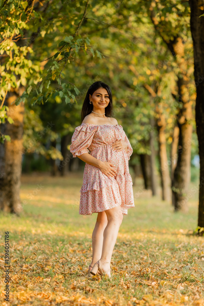 Beautiful brunette pregnant woman walks in the park at sunset in summer Beautiful brunette pregnant woman walks in the park at sunset in summer