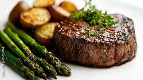   A perfectly grilled steak accompanied by vibrant asparagus and creamy potatoes, artfully arranged on a crisp white plate, topped off with a delightful garnish