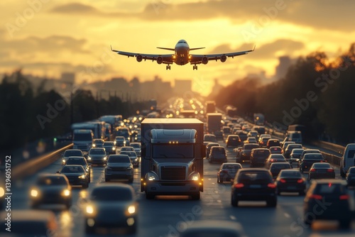 Photorealistic scene of a truck on a highway surrounded by cars in traffic, with an airplane above
