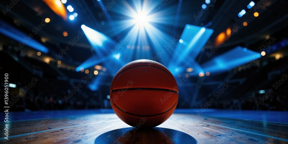 basketball ball on the court with bright lights