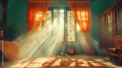 Sunbeams streaming through a window, illuminating a room with orange curtains and falling leaves