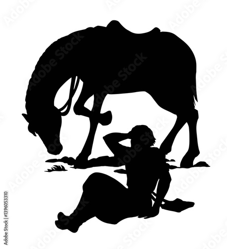 Vector drawing. A man fall from the horse