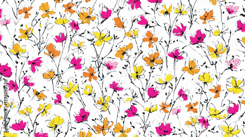 Floral illustration shows colorful blossoms scattered across white backdrop