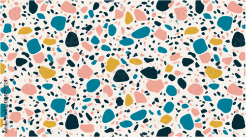 Geometric shapes disperse across beige background creating patterned texture
