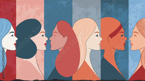 Diverse women faces appear profile portrait row panel backdrop