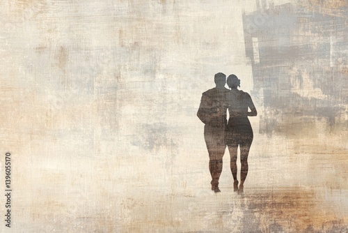 Silhouette of a couple holding each other, walking away on a textured background.
