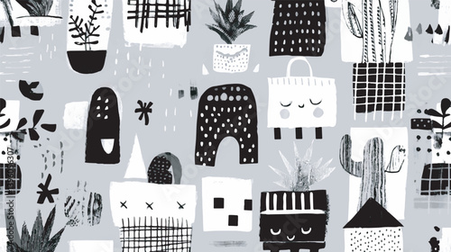 Stylized plants decorate seamless monochromatic patterns background design