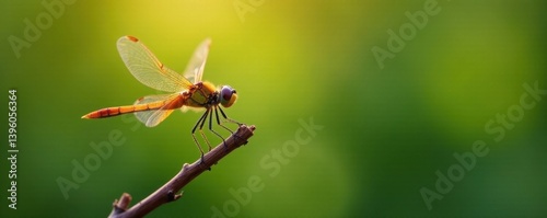 Dragonfly perched on a twig, blurred background, fauna, anisoptera