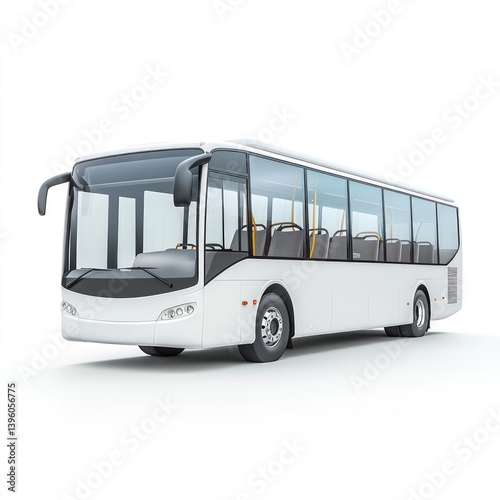 Plain white city bus with big windows, isolated on white background