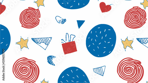 Abstract shapes float dynamically in seamless childish pattern white background