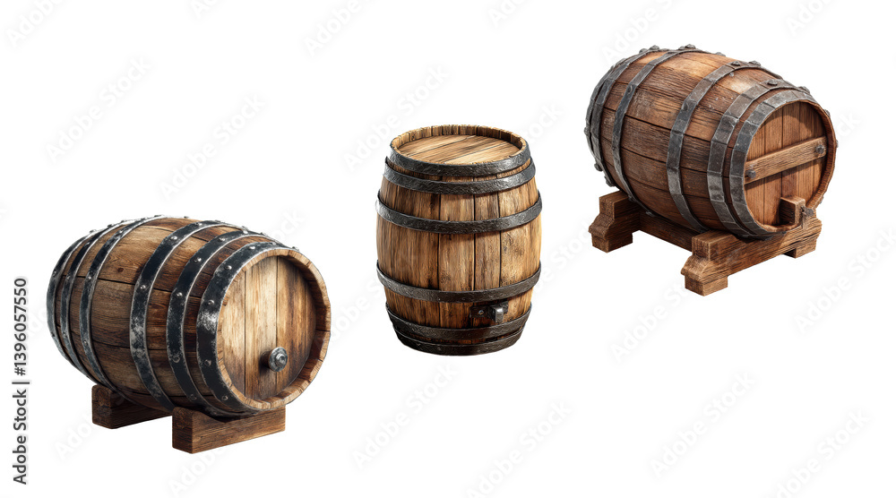 Obraz premium Isometric 3d wooden barrel model for village game design on transparent background