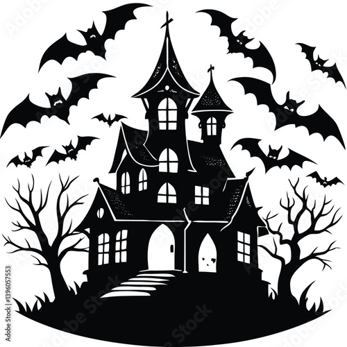 Haunted House Silhouette with Bats and Full Moon Black and White Creepy