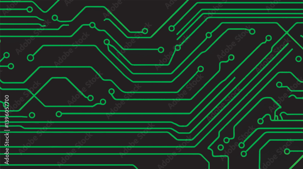 Green circuit traces flow across a digital black motherboard backdrop