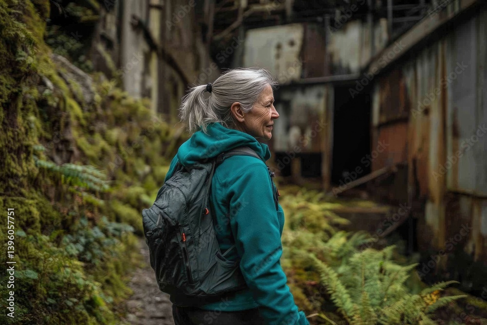 A woman with a backpack explores a mossy, overgrown path near an abandoned building. A woman with a backpack explores a mossy, overgrown path near an abandoned building.