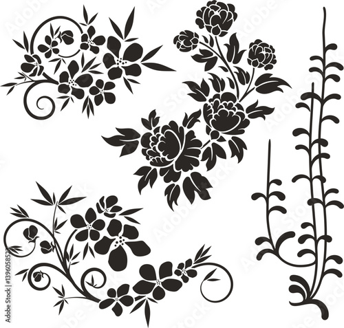 	
Floral vector ornaments luxury set with various types of flowers, leaves and swirls, made in traditional Japanese and Chinese styles. Exquisite wedding decoration designs, vinyl and laser ready.