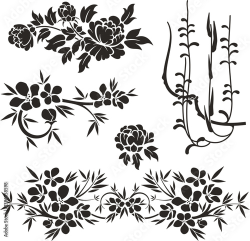 	
Floral vector ornaments luxury set with various types of flowers, leaves and swirls, made in traditional Japanese and Chinese styles. Exquisite wedding decoration designs, vinyl and laser ready.