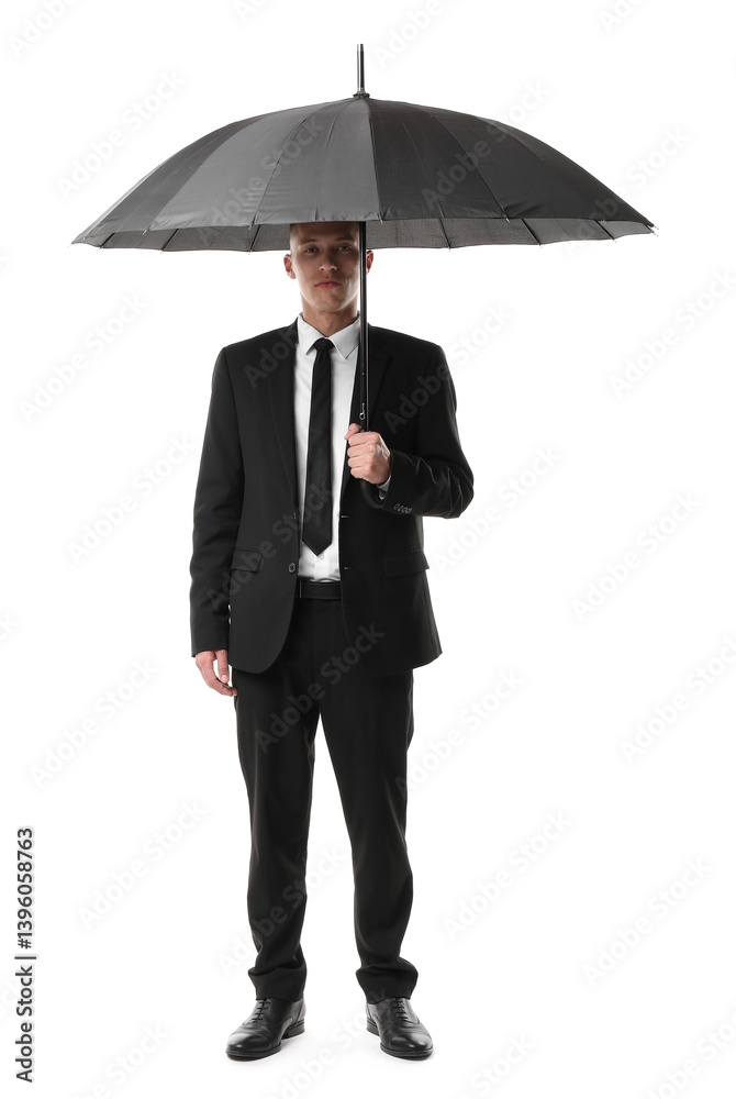 Man in suit with black umbrella on white background Man in suit with black umbrella on white background