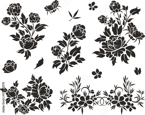 	
Floral vector ornaments luxury set with various types of flowers, leaves and swirls, made in traditional Japanese and Chinese styles. Exquisite wedding decoration designs, vinyl and laser ready.