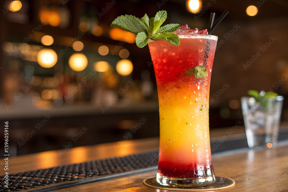 Refreshing Layered Cocktail With Mint Garnish On A Bar Top Refreshing Layered Cocktail With Mint Garnish On A Bar Top