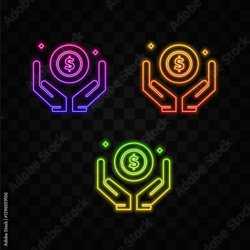 Hands hold a currency symbol. dollar symbol. neon style. Money earning icon.