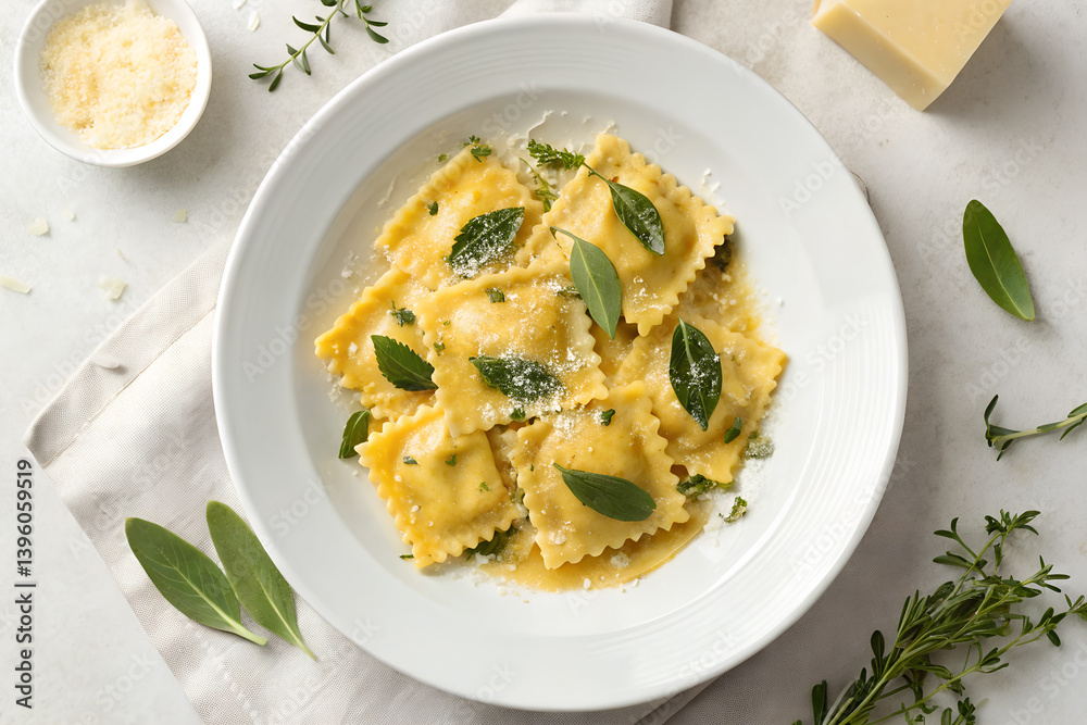 Delicious Ravioli With Sage Butter Sauce And Parmesan Cheese Overhead Shot Delicious Ravioli With Sage Butter Sauce And Parmesan Cheese Overhead Shot