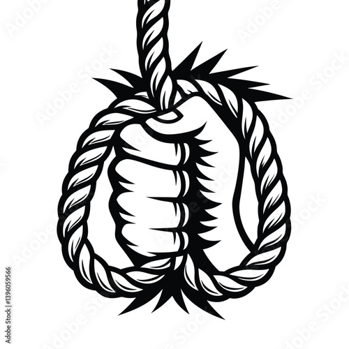 Fist Grabbing Twisted Knot Rope with Sharp Jagged Edges Silhouette in Black and White