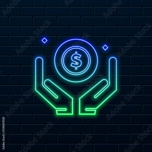 Money icon vector. Payment system. neon style. Dollar cent coins in hand. Hands hold a currency symbol. dollar symbol. Money earning icon.