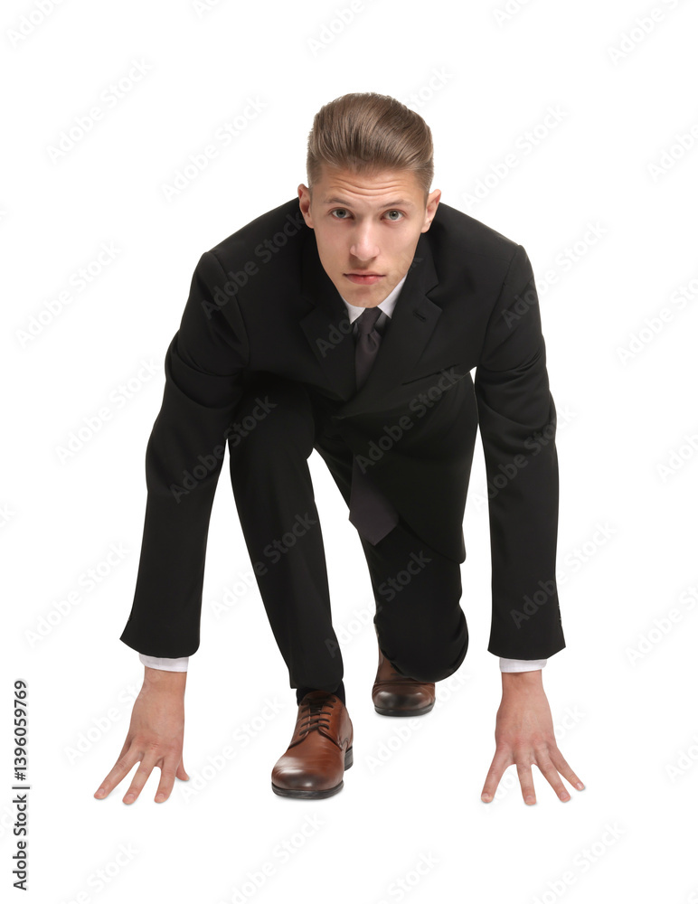 Businessman in starting position for run ready for competition on white background Businessman in starting position for run ready for competition on white background