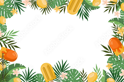 Hand drawn summer banner vector template illustration. Colorful frame with tropical leaves, ice cream, lemons and flowers. Poster backdrop
