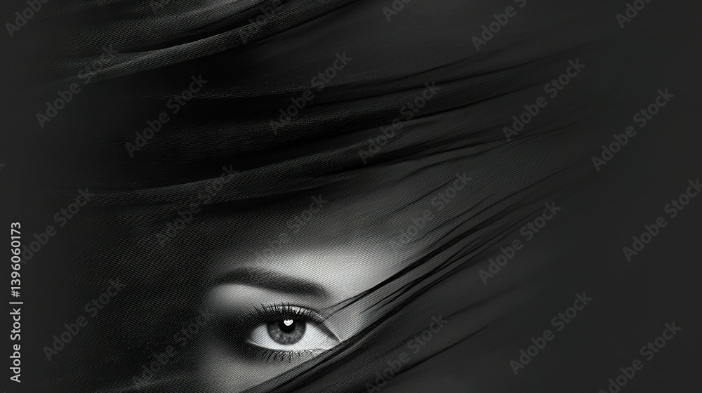 Fototapeta premium A monochromatic portrait of a woman with her hair flowing and eyes shuttered