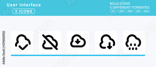 Set of 5 bold user interface icons,clock, two, thirty, clone, closed, captioning, slash, cloud