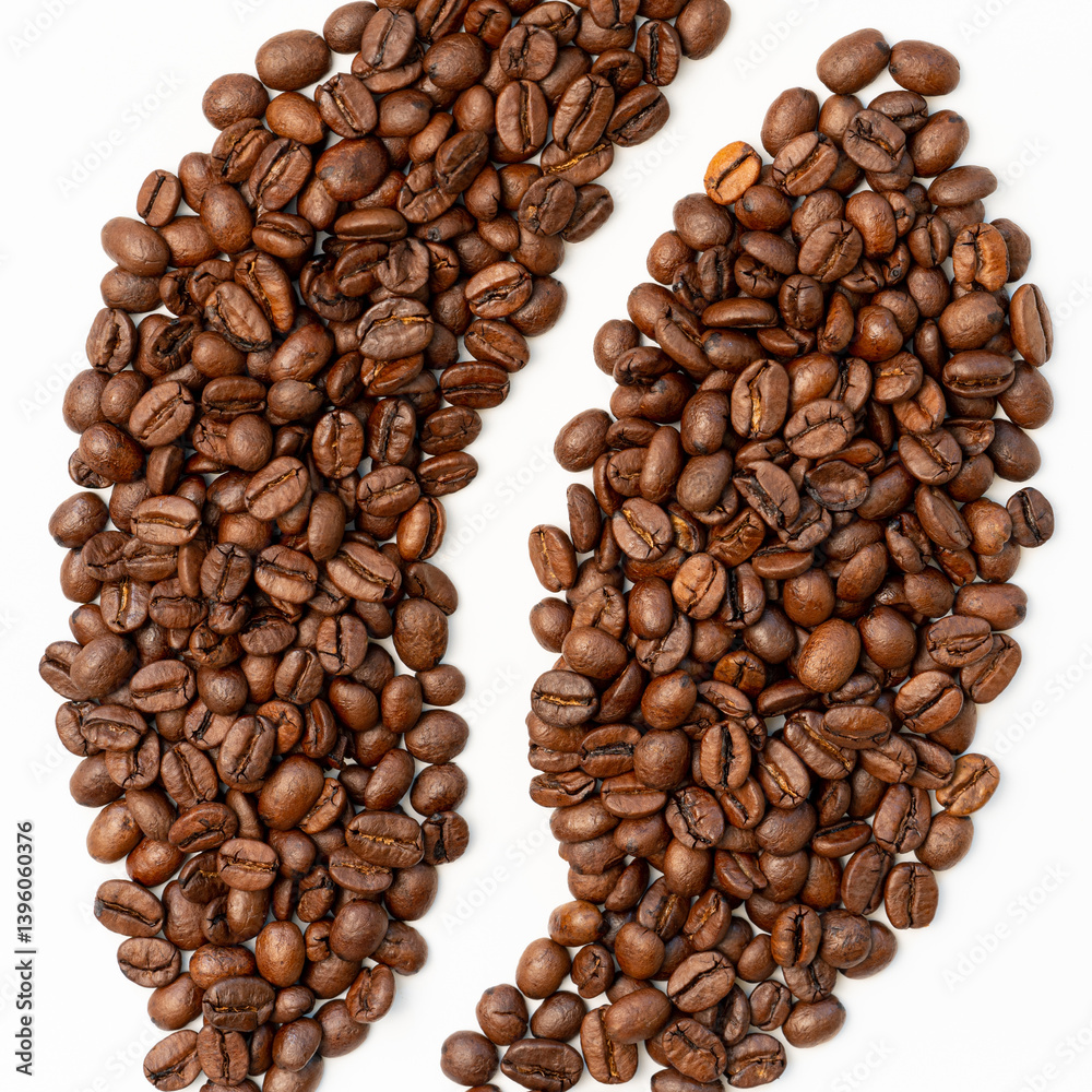 Roasted coffee beans arranged in a stylized coffee bean shape on a white background, symbolizing freshness, aroma, and passion for coffee culture. Roasted coffee beans arranged in a stylized coffee bean shape on a white background, symbolizing freshness, aroma, and passion for coffee culture.